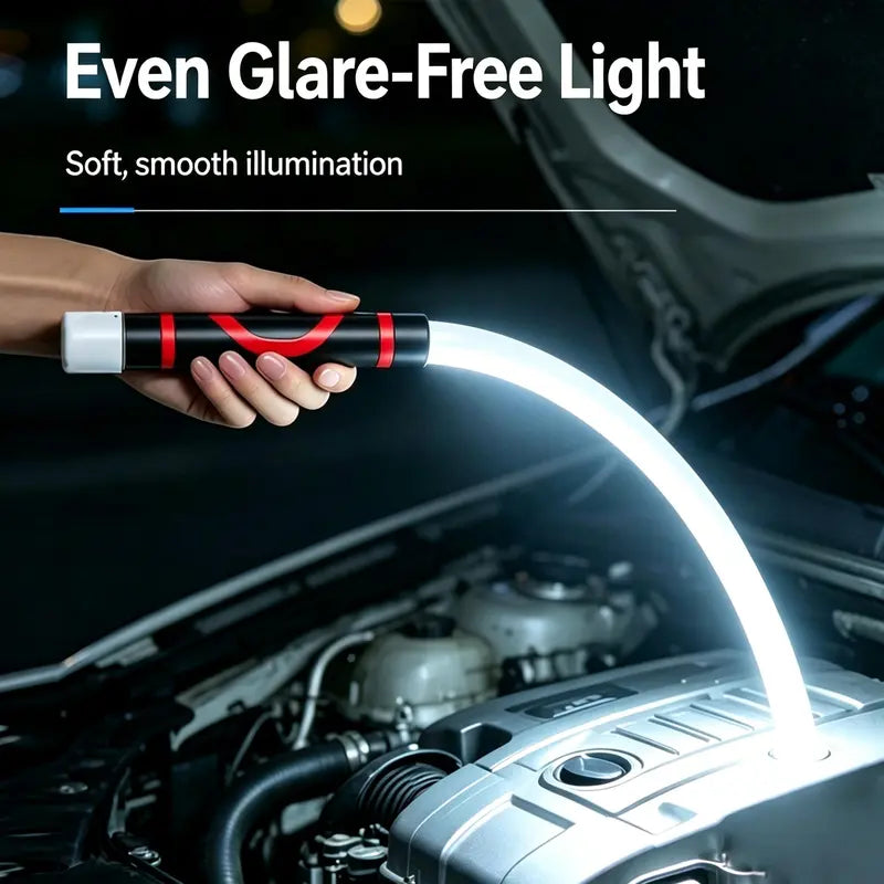 Flexible work light directing an even beam into the engine compartment